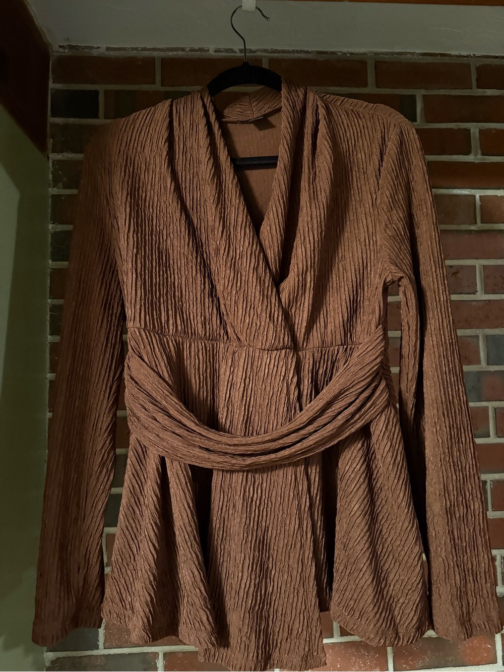 SHEIN Brown Crinkle Wrap-Front Long Sleeve Maternity Blouse